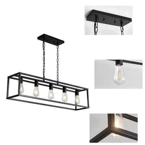 Farmhouse Black Five Light Linear Pendant Light For Kitchen Island And Dining Room, Cage Ceiling Fixture With Adjustable Chains