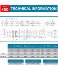 Technical specifications for Roller Chain Offset Links For No 50 Pitch Half Link Five Pack, includes dimensions and strength ratings.