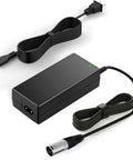 24V 2A Battery Charger For Mobility Scooters And Power Chairs With 3 Pin XLR Connector 100 240V Input 24V 2A Output Faster Than 1A Models Includes Four Point Nine Foot US Cord, showing cords and XLR connector detail.