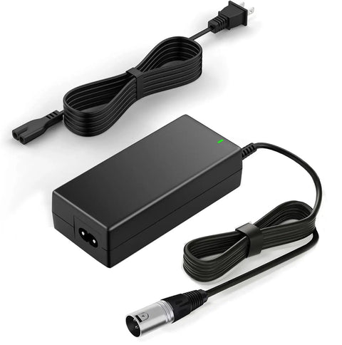 24V 2A Battery Charger For Mobility Scooters And Power Chairs With 3 Pin XLR Connector 100 240V Input 24V 2A Output Faster Than 1A Models Includes Four Point Nine Foot US Cord, showing cords and XLR connector detail.