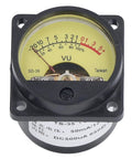 Analog VU Meter With Backlight For Amps A Compact VU Level Gauge On Durable Plastic Iron Panel Ready To Tackle Vibration And Static Easy Readout For Accurate Sound And Noise Measurement. Front view of analog VU meter, black plastic-iron panel, compact square gauge for amplifier use.
