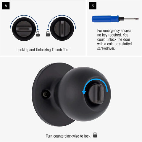 Transitional Privacy Door Knob Set In Matte Black For Exterior Doors With Lock showing thumb turn locking mechanism and screwdriver.