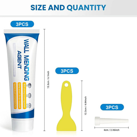 Three Pack Drywall Patch Repair Kit For Holes And Cracks, Spackle Paste Included, kit showing tube, scraper, and nozzle