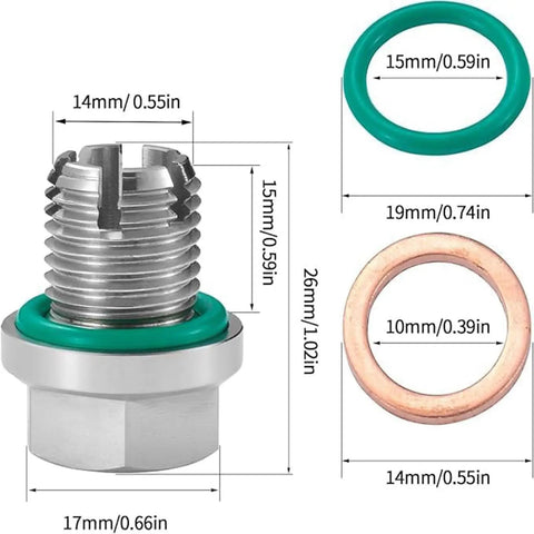 M18x1.5 Double Oversize Magnetic Piggyback Oil Drain Plug Kit With Thread Repair Tool, stainless steel, dimensions shown