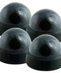 Outdoor Dummy Security Camera Kit Pack Of 4 With Wireless Dome Design Realistic Look Flashing Red LED Motion Light Easy Mount Battery Powered No Wiring For Home Or Business Use Anywhere, showing four dome-shaped units for exterior use.