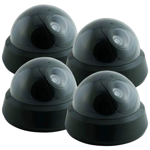 Outdoor Dummy Security Camera Kit Pack Of 4 With Wireless Dome Design Realistic Look Flashing Red LED Motion Light Easy Mount Battery Powered No Wiring For Home Or Business Use Anywhere, showing four dome-shaped units for exterior use.