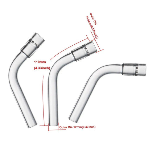 Curved Glass Tube Stem Set 3 Pack 110mm Length 12mm OD 2mm Wall Thickness High Borosilicate 3.3 Glass, detailed view with measurements