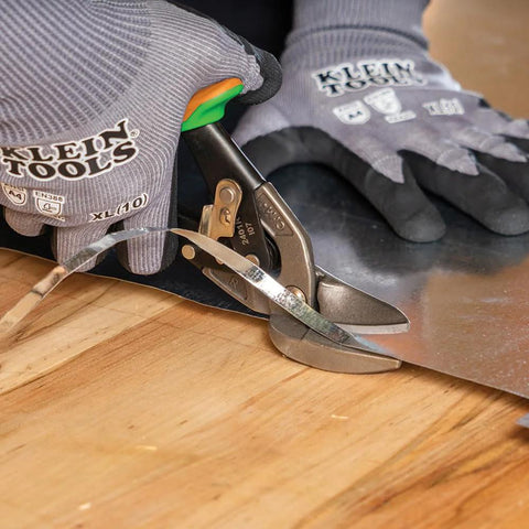 Klein Tools 2401R right-cutting offset tin snips with forged blades cutting sheet metal