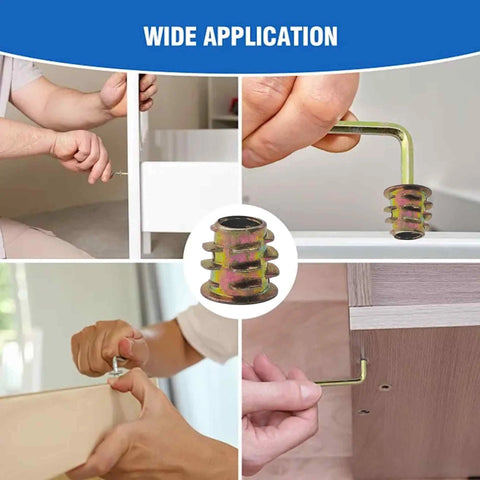 Hands using 50 Piece M6 Zinc Alloy Threaded Inserts For Wood Furniture No Sweat Assembly Hex Socket Screw In Nuts With Allen Wrench.