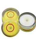 Three 50PCS Plastic Circular Round Bubble Level Universal Bullseye Spirit Level, yellow and white colors visible, clear material.