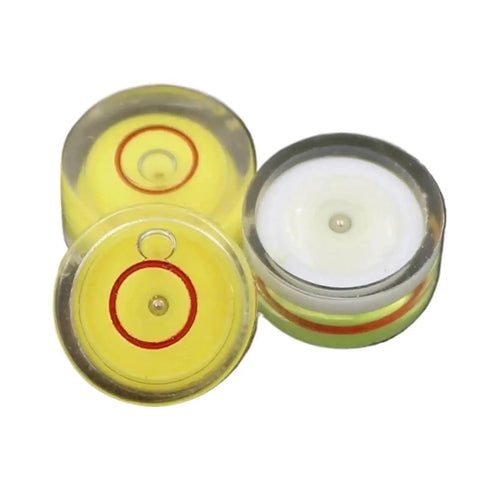 Three 50PCS Plastic Circular Round Bubble Level Universal Bullseye Spirit Level, yellow and white colors visible, clear material.