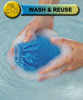 Person washing 5 Pack VRC2 Replacement Cloth Vacuum Filter in soapy water, demonstrating reusability and care