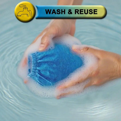 Person washing 5 Pack VRC2 Replacement Cloth Vacuum Filter in soapy water, demonstrating reusability and care