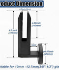 No Sweat Side Mount Glass Clamps dimensions for 10 to 12 mm glass, 304 stainless steel, tough black coating, side view.