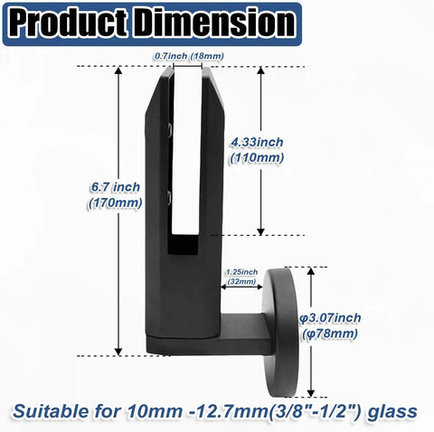 No Sweat Side Mount Glass Clamps dimensions for 10 to 12 mm glass, 304 stainless steel, tough black coating, side view.