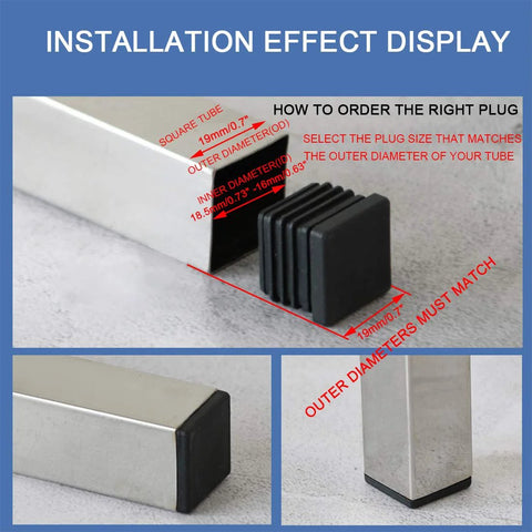 Installation of 12 Pack 19mm Square Plastic Plugs End Caps For Square Tubing Black 19mm X 19mm, fitting tubing with ID 0.50-0.69 inches.