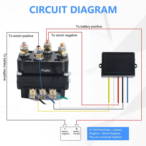 Circuit diagram showing connection of 250A 12V Winch Solenoid Relay With Wireless Remote Kit for ATV UTV Truck and Jeep Winches.