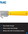 HH700 Banding And Strapping Cutter With Metal Head Concealed Blade For Easy Packaging Strap Cuts Safe Blade Change Reducing Workplace Injuries Great For Pallet Banding Plastic Straps And Heavy Duty Packaging Setups, yellow handle