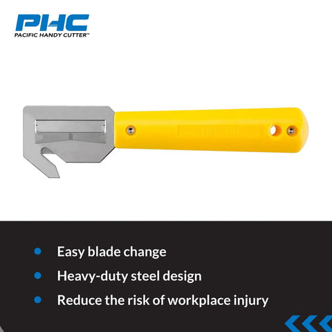 HH700 Banding And Strapping Cutter With Metal Head Concealed Blade For Easy Packaging Strap Cuts Safe Blade Change Reducing Workplace Injuries Great For Pallet Banding Plastic Straps And Heavy Duty Packaging Setups, yellow handle
