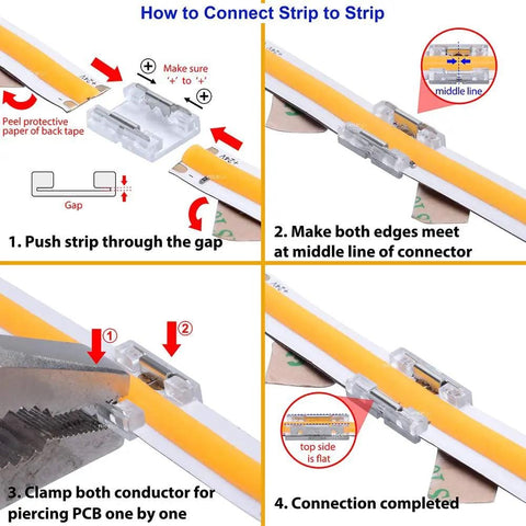 Diagram showing installation of 8mm 2 Pin COB LED Strip Connector Kit With DC Female Input, illustrating seamless middle splice process.