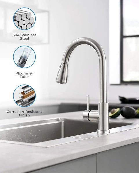 Top Shelf Stainless Steel Kitchen Faucet With Slick Pull Down Sprayer And Cold Forward Handle For Lead Free Safety And No Sweat Daily Sink Chores Plus Easy DIY Setup, 304 stainless steel design with PEX inner tube.