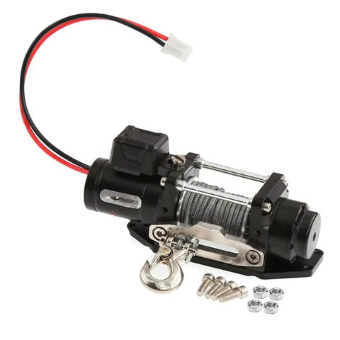 Heavy Duty Simulated Metal Electric Winch For Traxxas TRX4 SCX10 with hook, steel cable, and mounting hardware.