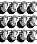 12 Pack 2-Inch Swivel Casters With Brakes For Cart Or Equipment, hard rubber wheels, top plate mount, visible in three rows.