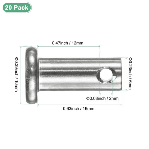 20 Pack Single Hole Clevis Pins M6 x 16mm 304 Stainless Steel Flat Head for Mechanical Linkage Fixed Parts Ship Rigging Link Hinge Pins Reusable Quick Connect Hardware, 16mm pin