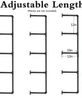 Diagram of Industrial Wall Mounted Iron Pipe Shelves 52 Inch Tall Rustic Open Bookshelf Set 3 Pack for Kitchen adjustable dimensions.