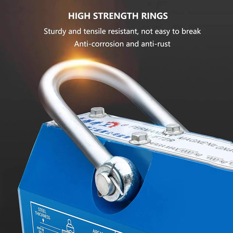 Close-up of high strength rings on No Sweat Heavy Duty Permanent Magnet Lifter For Shop Crane Hoist 3 Ton Steel Plate Handler.