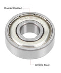 Image showing 608ZZ Deep Groove Double Shielded Ball Bearing 8x22x7mm, chrome steel ABEC 1, highlighting double shielding and material.