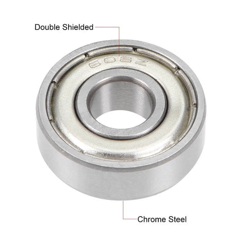 Image showing 608ZZ Deep Groove Double Shielded Ball Bearing 8x22x7mm, chrome steel ABEC 1, highlighting double shielding and material.