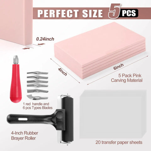 All In One Linocut Printmaking Kit With 5 Soft 4x6 Blocks Carving Knife Brayer And 20 Transfer Papers For Beginners And Artists