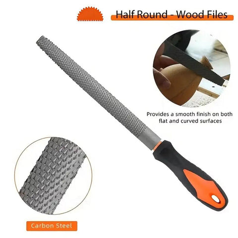 Heavy Duty Three Piece Wood Rasp File Set With Eight Inch Round Half Round And Flat Steel Files Featuring Soft Rubber Grip Handles For Pro Carpenters Knocking Down Rough Surfaces And Smoothing Hardwood Like A Champ half round wood file with carbon steel and rubber grip handle