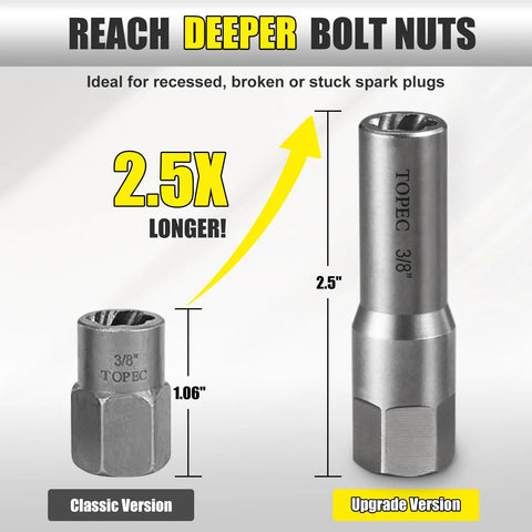Comparison of classic and upgraded 3/8 inch TOPEC socket from Spiral Type Deep Bolt Extractor Set Ten Pieces For Removing Damaged Stripped Frozen Or Rusted Bolts Nuts Screws Studs And Spark Plug Extraction Socket Built For Quick No Sweat Repairs.