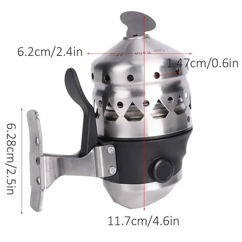 Ambidextrous Spincast Fishing Reel With Stainless Steel Build, 15Lb Line Capacity, side view with specifications