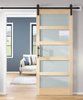 36 By 84 Inch Glass Sliding Barn Door Slab With 6.6 Foot Hardware Kit Included, 5 Panel Frosted Glass, installed view