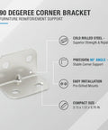 Right Angle Corner Bracket 1.57 x 1.18 Inch Cold Rolled Steel for furniture reinforcement, shown with specifications.