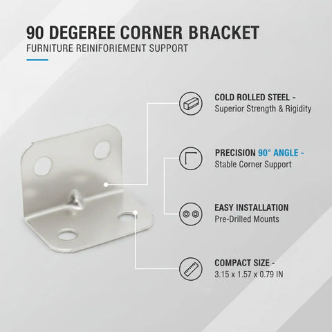 Right Angle Corner Bracket 1.57 x 1.18 Inch Cold Rolled Steel for furniture reinforcement, shown with specifications.