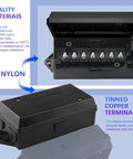 Top Shelf 7 Pin Trailer Junction Box Featuring Plug And Play Wiring With Road Ready Weatherproof Housing For Motorhome Camping Lighting Systems and Heavy Duty Automotive Fixes, showing black housing and tinned terminals.
