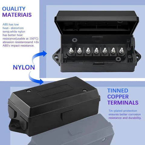 Top Shelf 7 Pin Trailer Junction Box Featuring Plug And Play Wiring With Road Ready Weatherproof Housing For Motorhome Camping Lighting Systems and Heavy Duty Automotive Fixes, showing black housing and tinned terminals.