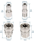 Set of 4 stainless steel 3/8 in pressure washer quick-connect adapters for NPT male and female threads.