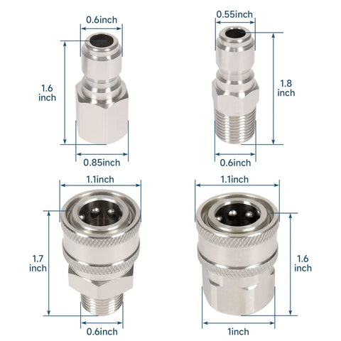 Set of 4 stainless steel 3/8 in pressure washer quick-connect adapters for NPT male and female threads.