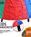 Close-up of Rainbow Parachute Play For Kids 12 Foot Playground Parachute For Cooperative Games Outdoor Gym Class And Indoor Play Durable Polyester Construction With CrossStitched Handles For Easy Group Fun, showing cross-stitched handle.