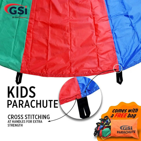 Close-up of Rainbow Parachute Play For Kids 12 Foot Playground Parachute For Cooperative Games Outdoor Gym Class And Indoor Play Durable Polyester Construction With CrossStitched Handles For Easy Group Fun, showing cross-stitched handle.