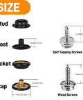 Must Have All In One Snap Fasteners Kit With 90 Sets And Screws, 15mm Heavy Duty Metal Snaps shown with stud, post, socket, cap sizes
