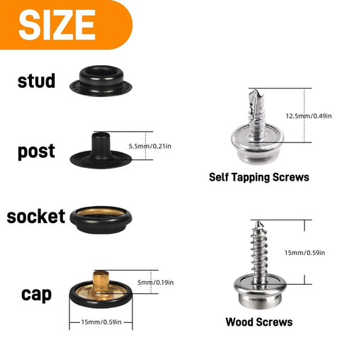Must Have All In One Snap Fasteners Kit With 90 Sets And Screws, 15mm Heavy Duty Metal Snaps shown with stud, post, socket, cap sizes