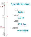 Heavy Duty 24 Inch Zip Ties Outdoor UV Resistant 120 Lb Tensile Strength 50 Pack For Awnings Branches Crops Water Pipes And Cable Bundling Tough As Nails Quality Nylon 66 dimensions chart