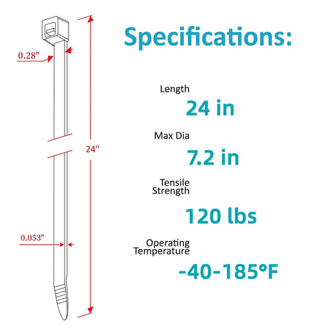 Heavy Duty 24 Inch Zip Ties Outdoor UV Resistant 120 Lb Tensile Strength 50 Pack For Awnings Branches Crops Water Pipes And Cable Bundling Tough As Nails Quality Nylon 66 dimensions chart