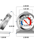5 Pack Refrigerator Thermometers With 2 Inch Dial, Stainless Steel, Mechanical No Battery Readout, Hanging Or Standing Mount, Perfect For Fridge And Cooler, -20 To 80 F And -30 To 30 C With Red Indicator, Quick Clear Temperature Check, shown front and side with dimensions